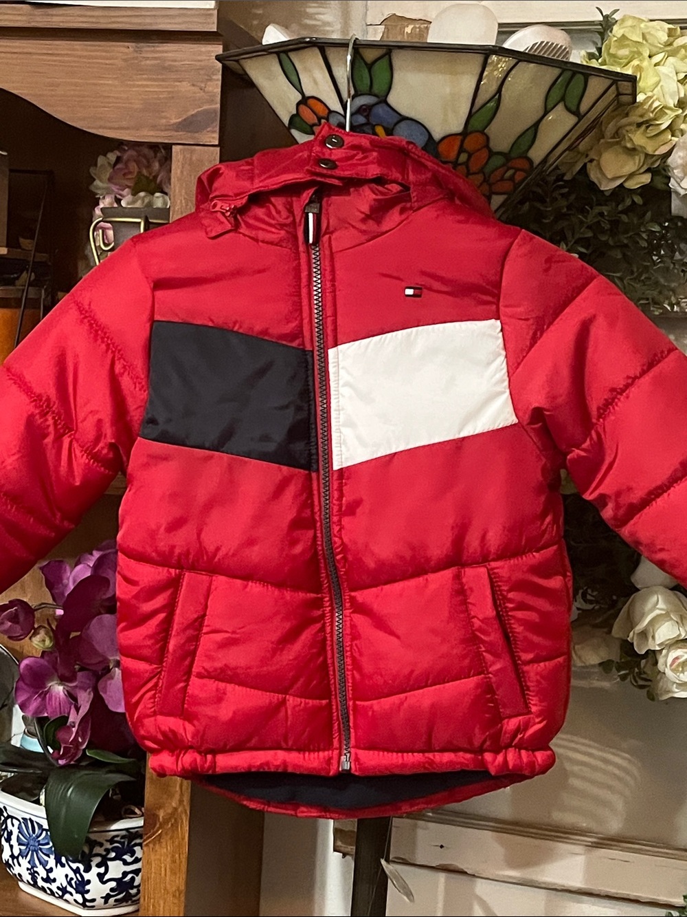 Preowned  Original Tommy Hilfiger Red, Black & White Colorblock Puffer Jacket .